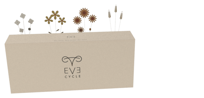 Eve-Cycle Box mit Blüten, die aus der halb geöffneten Verpackung wachsen